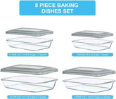 8 Pieces Glass Baking Dish with Lids Rectangular Glass Baking Pan Bakeware Set with Lids, Baking Pans for Lasagna, Leftovers, Cooking, Kitchen, Fridge-to-Oven, Gray